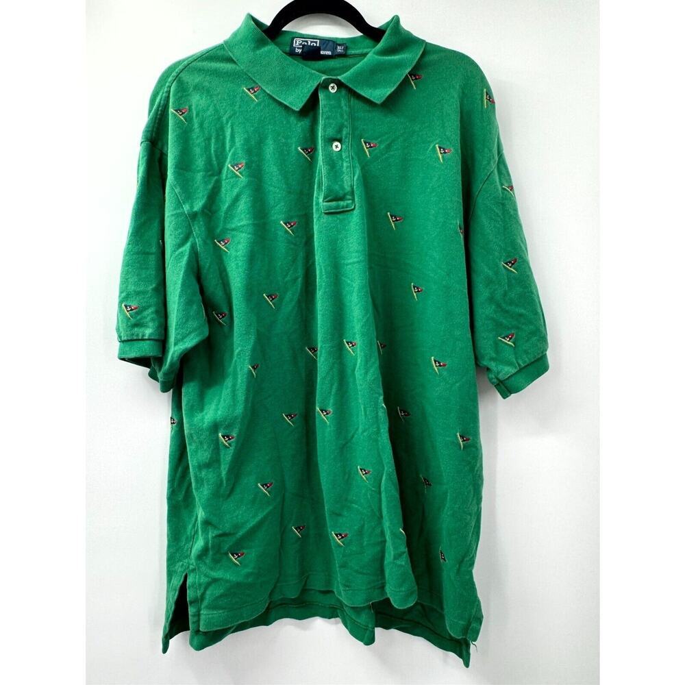 Vintage Polo Ralph Lauren Polo Shirt Men's XL Tall Green Cotton Embroidered Flag